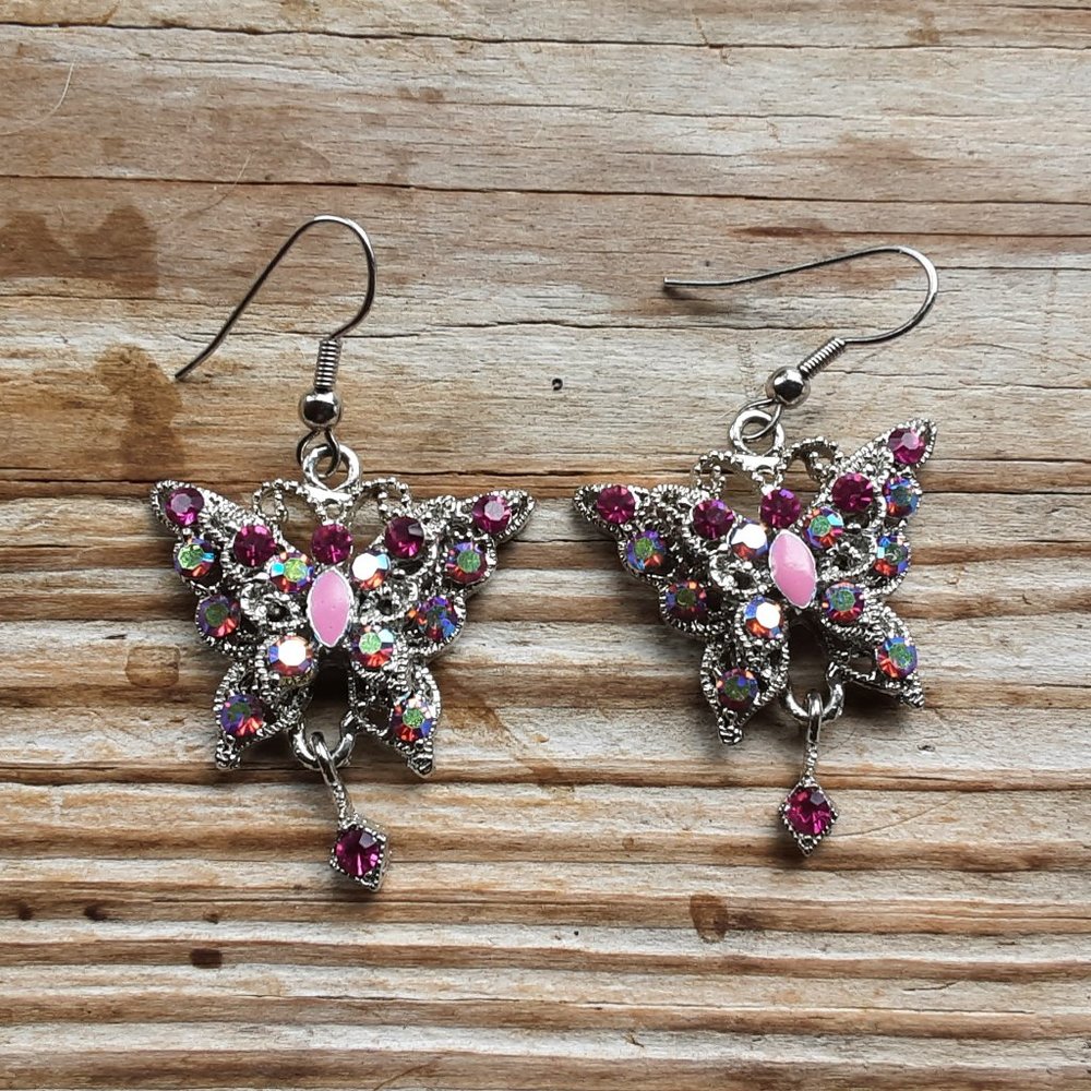 Silver Tone Butterfly Earrings with Glass Rhinestones